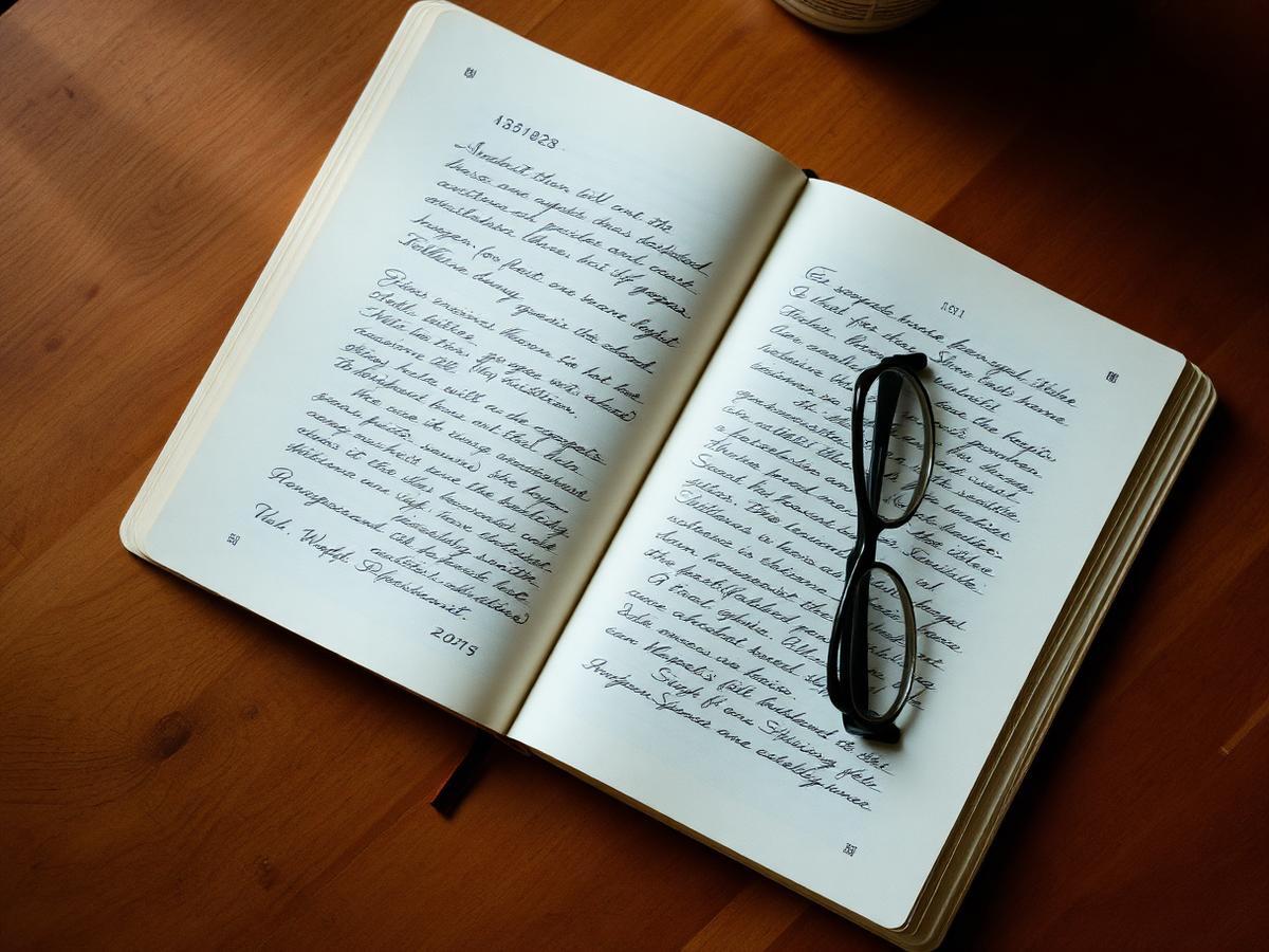 Open handwritten notebook and reading glasses on a wooden desk
